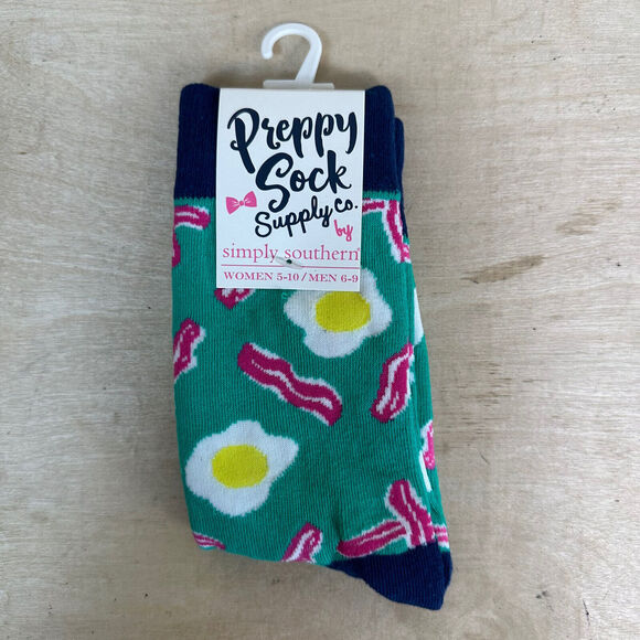 NWT Pair Simply Southern Preppy Sock Co. Socks Bacon & Eggs Breakfast W5-10 M6-9 - Picture 1 of 4